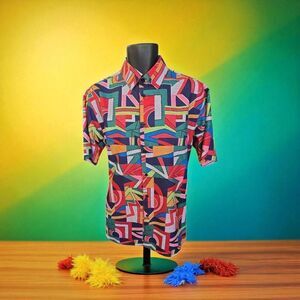 BASSIRI MEN'S CASUAL ABSTRACT SHORT SLEEVE SHIRT. ROYAL GREEN RED PINK. 1057